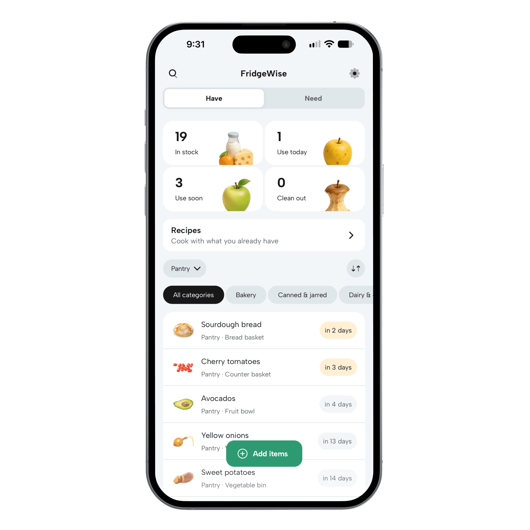 FridgeWise pantry inventory showing sourdough bread, cherry tomatoes, and avocados with shelf labels and estimated use-by timing