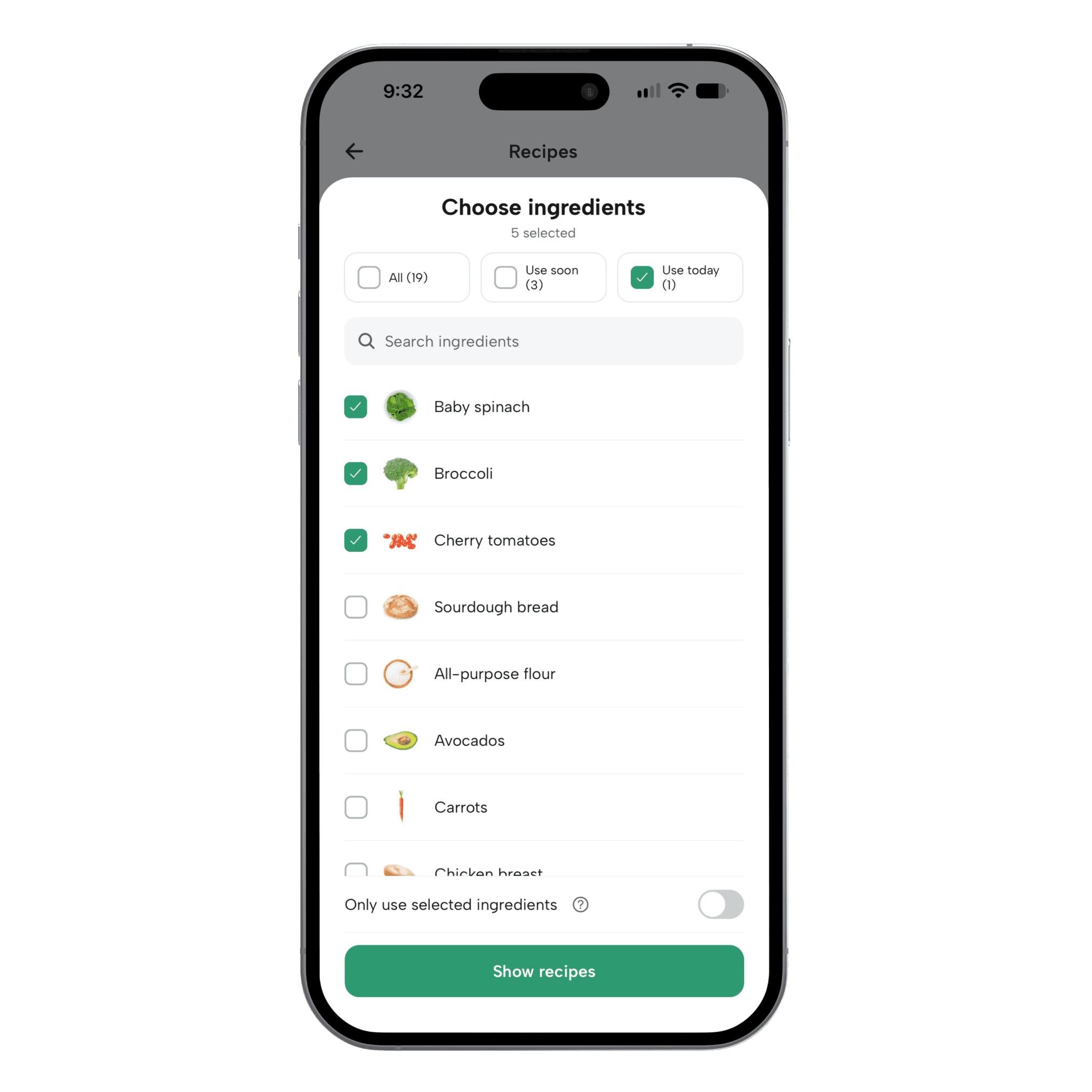 Choose Ingredients with five foods selected, including spinach, broccoli, and cherry tomatoes, and Only use selected ingredients switched off