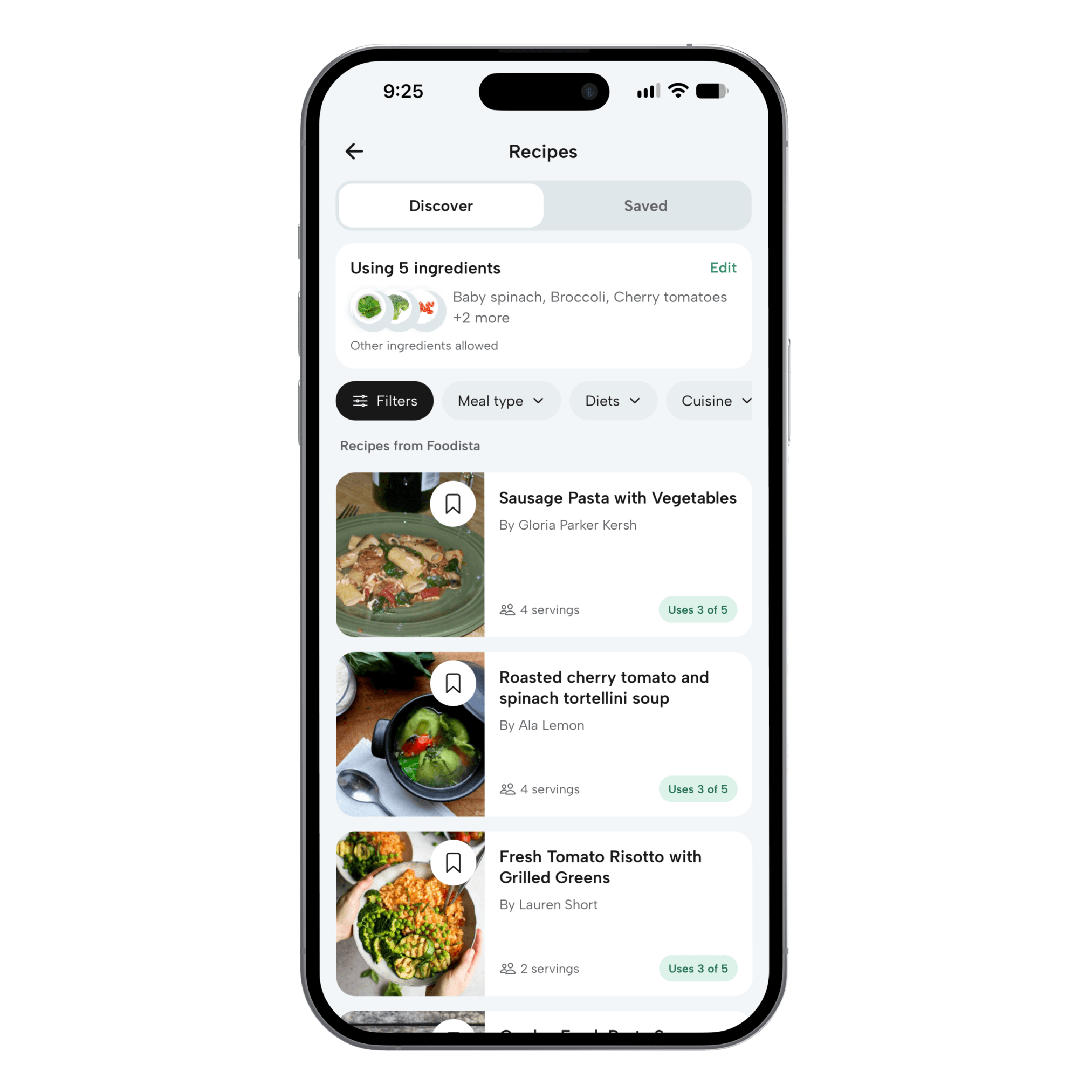 FridgeWise Recipe Ideas showing selected inventory ingredients and Foodista recipes with ingredient match counts