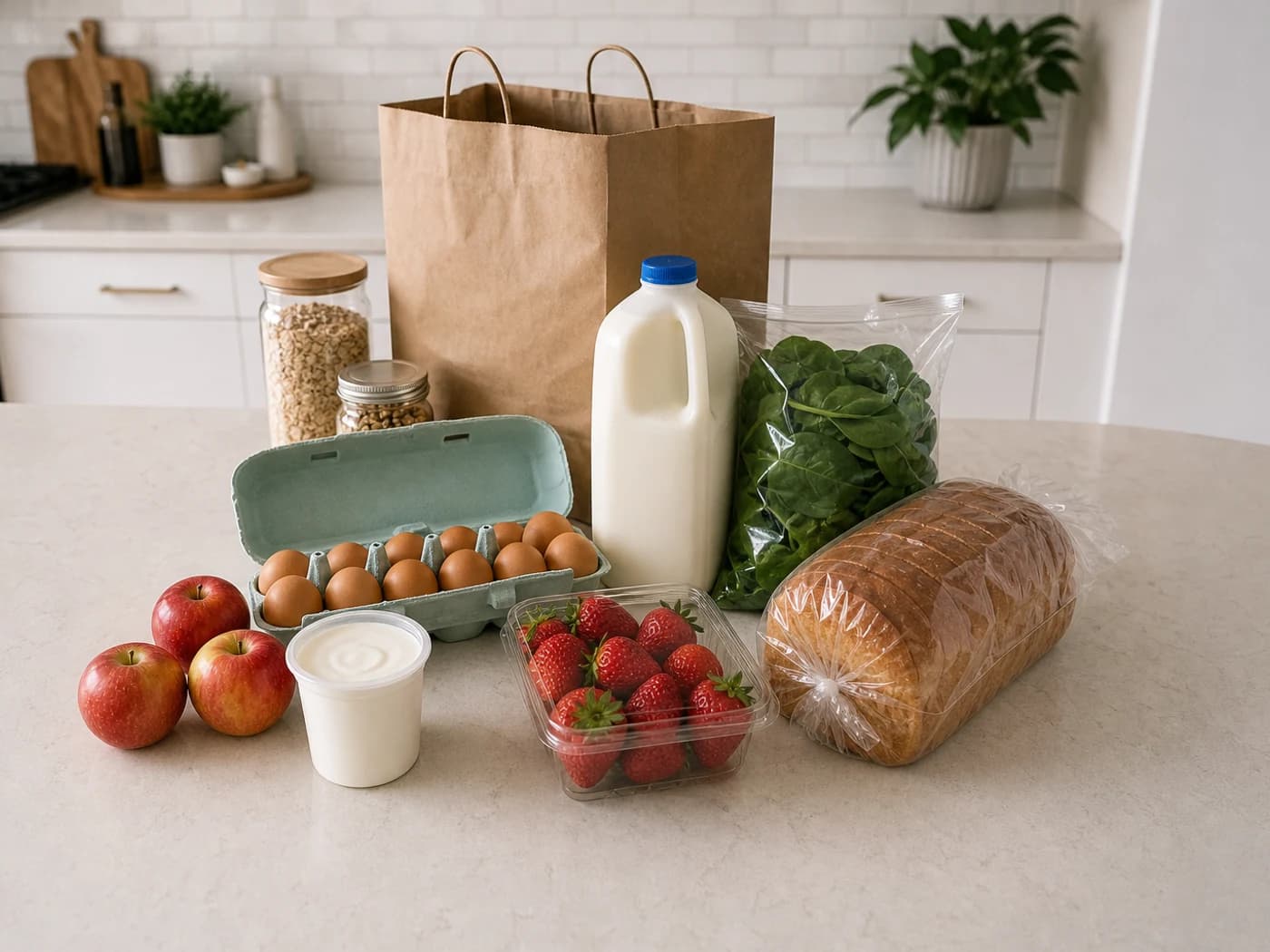 A grocery haul with milk, eggs, spinach, strawberries, bread, and yogurt