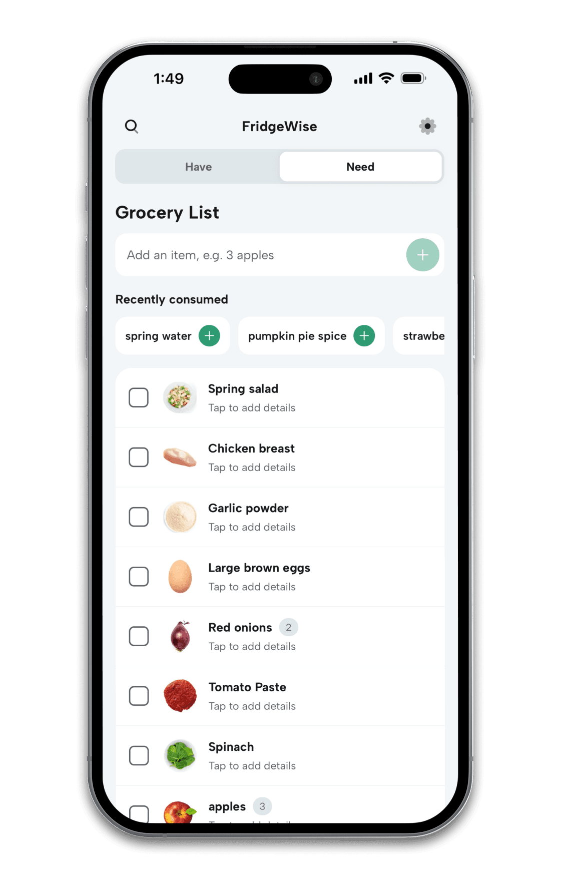 FridgeWise shared Grocery List in the Need view, with recently consumed suggestions and shopping checkboxes