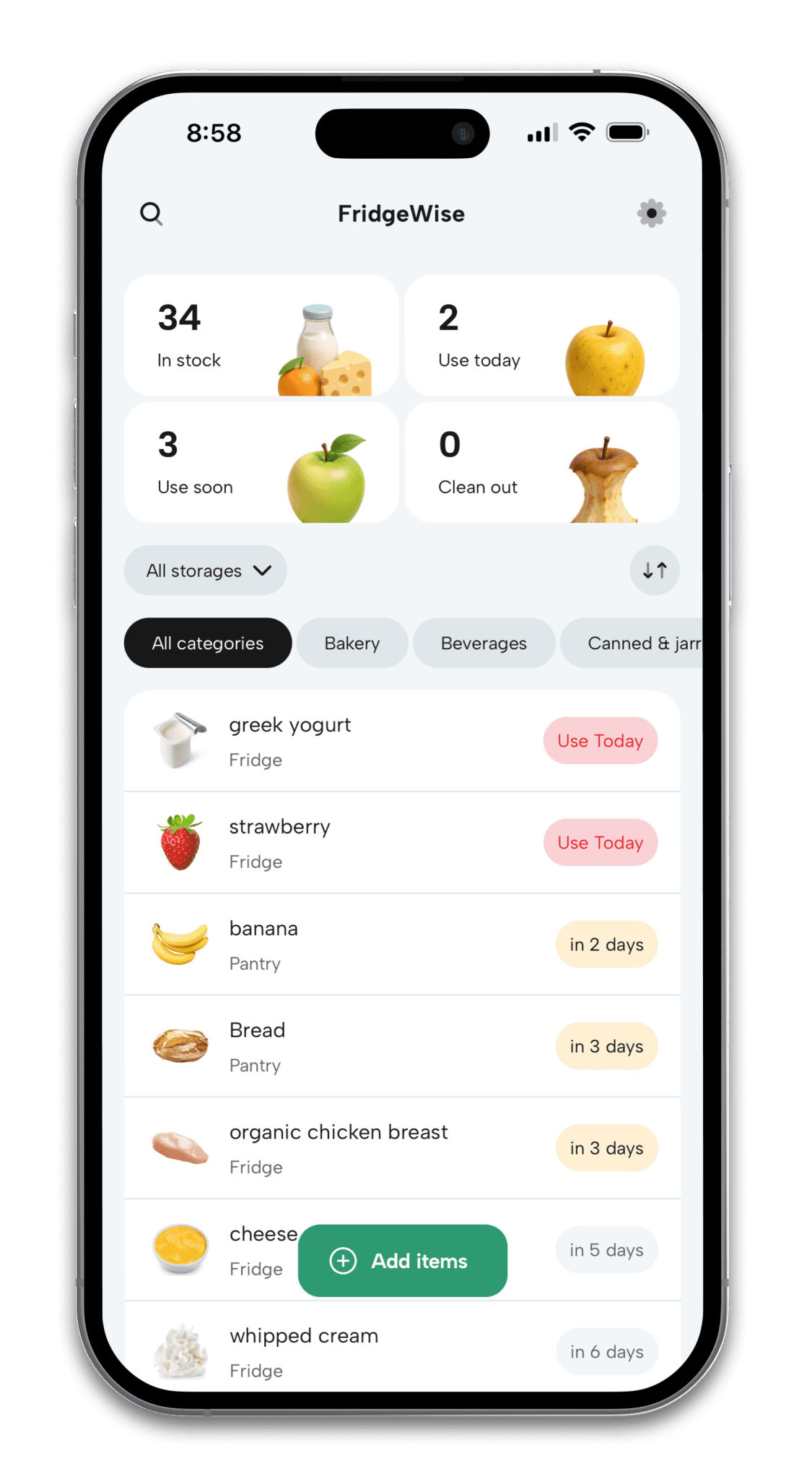 FridgeWise inventory showing Use Today, Use Soon, and estimated use-by timing