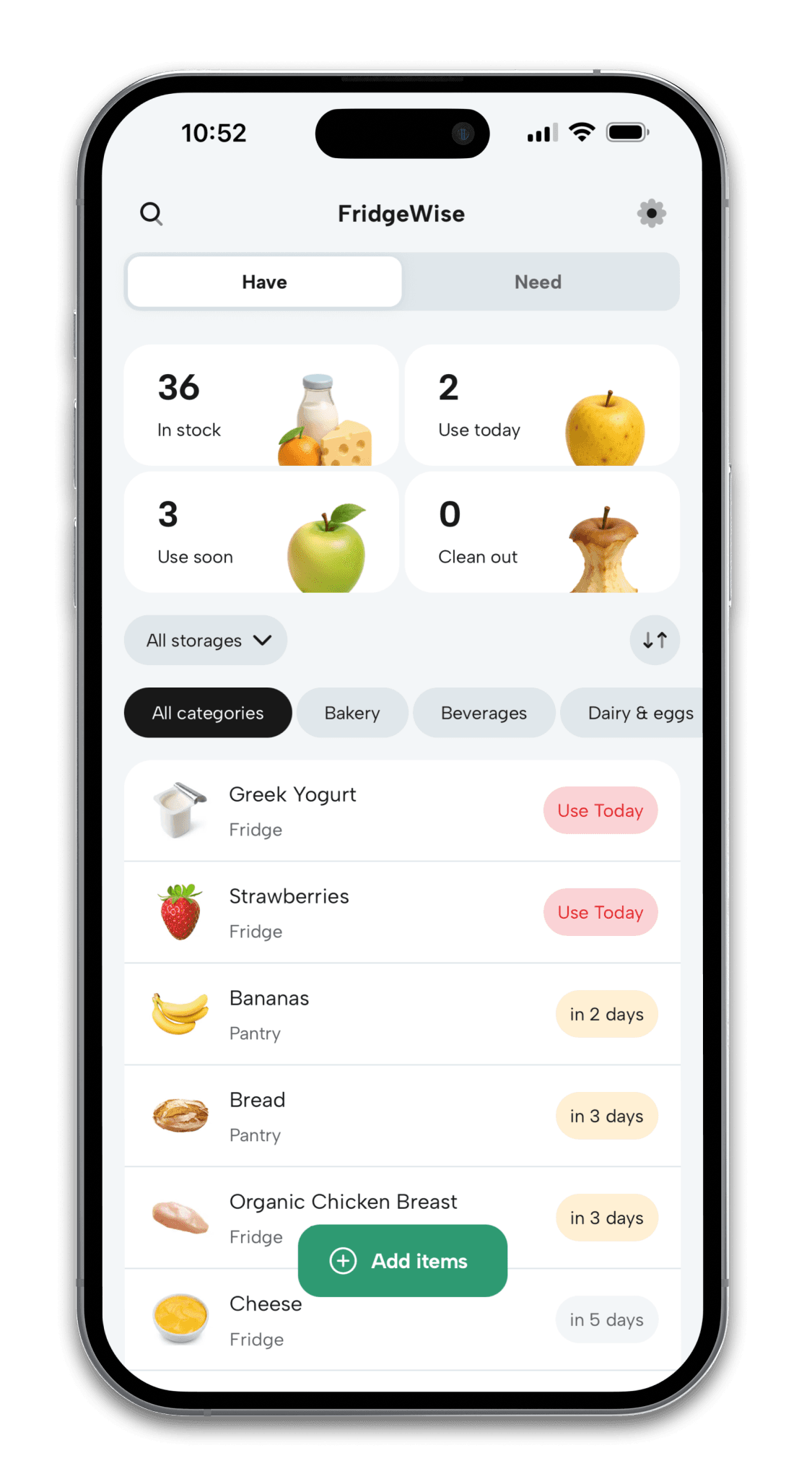 FridgeWise “Have” inventory showing the “Have” and “Need” selector, freshness summaries, and estimated use-by timing