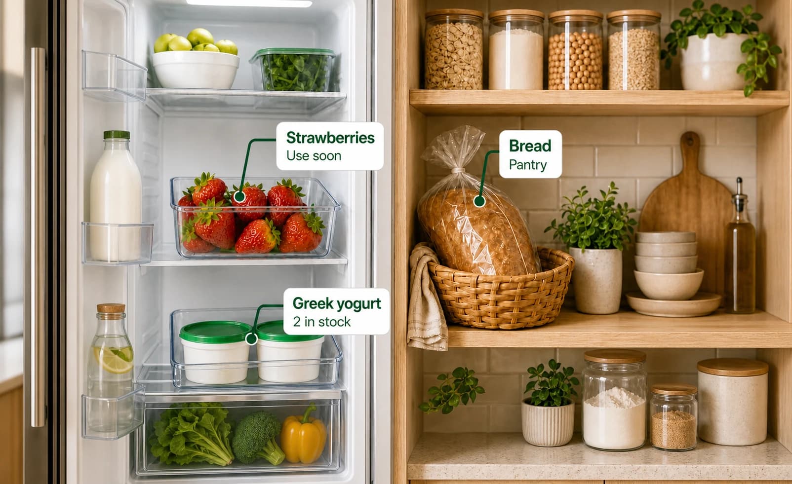 A fridge and pantry with groceries labeled by FridgeWise