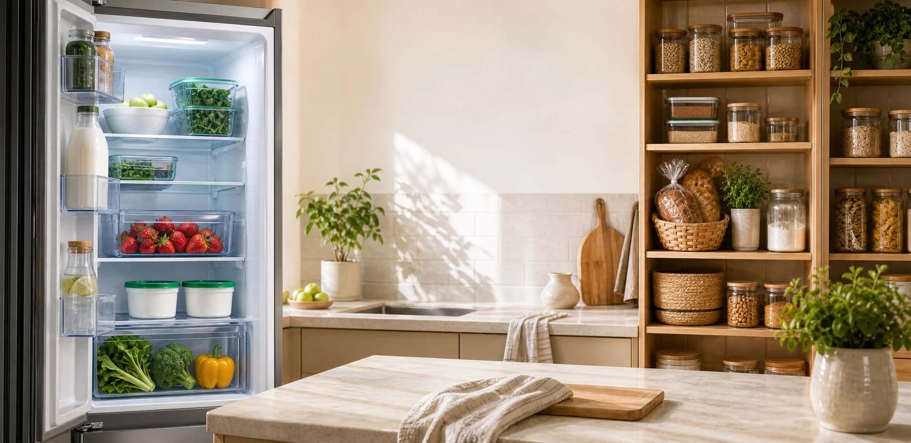 An organized refrigerator and pantry with groceries clearly visible